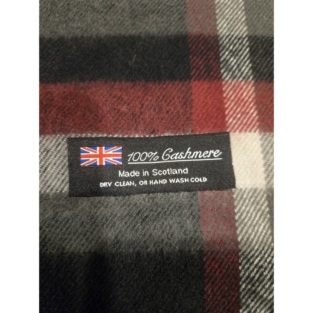 100% Cashmere Scarf Made In Scotland Plaidโ Tartan Fringe Gray Red Black